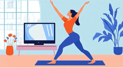 Woman doing yoga at home in front of a TV