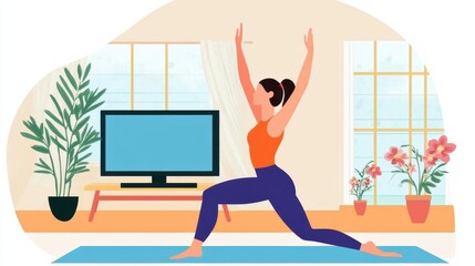Woman doing yoga in front of TV