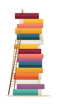 Colorful tall vertical stack of books with minimal flat design for education or library theme