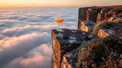 Cocktail glass perched on a cliff edge above a sea of clouds at sunset, symbolizing freedom and achievement