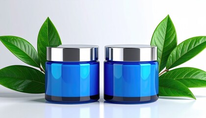 Two elegant blue cosmetic jars with silver lids surrounded by fresh green leaves.