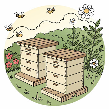 Bee hives in a garden with flowers and flying bees