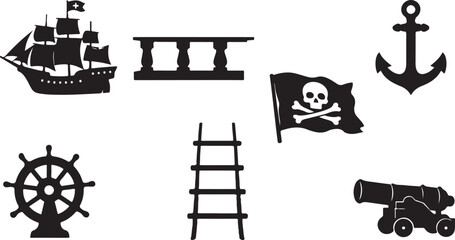 Pirate Ship Adventure Vector Icon Set: Detailed Silhouettes of Galleon, Jolly Roger Flag, Anchor, Helm, Cannon, Ladder, and Balustrade for Nautical Design and Sea Travel Themes. © mdsohrab