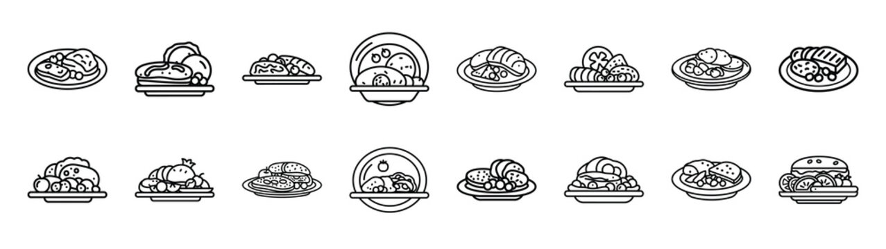 Collection of brunch plate different kitchen outlines silhouette icon set.