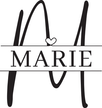 Minimalist handwritten letter m split name frame with heart accent for feminine personal monogram art