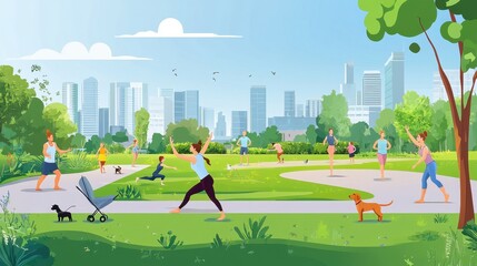 People exercising in a city park