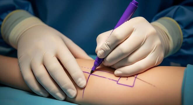 Close-up of a surgeon's gloved hands marking a patient's skin with a purple pen for a medical procedure in a sterile environment.