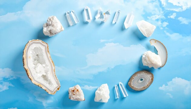 Natural crystals and polished agate slices arranged in a circle on a blue sky background.