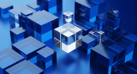 Obraz premium Abstract geometric composition of transparent and blue glass cubes arranged on a reflective surface with soft lighting.
