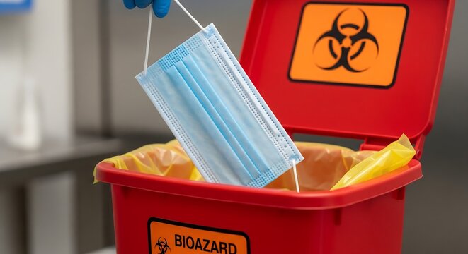 A gloved hand disposing of a blue surgical face mask into a red biohazard waste container with a yellow liner.