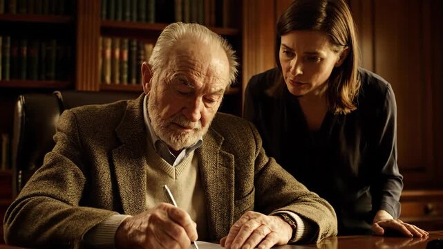 Senior man writing on paper at wooden desk in home office. Retirement lifestyle, older person, paperwork, indoors.