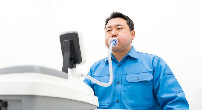 Asian man undergoing a pulmonary function test with a spirometer machine in a medical setting.