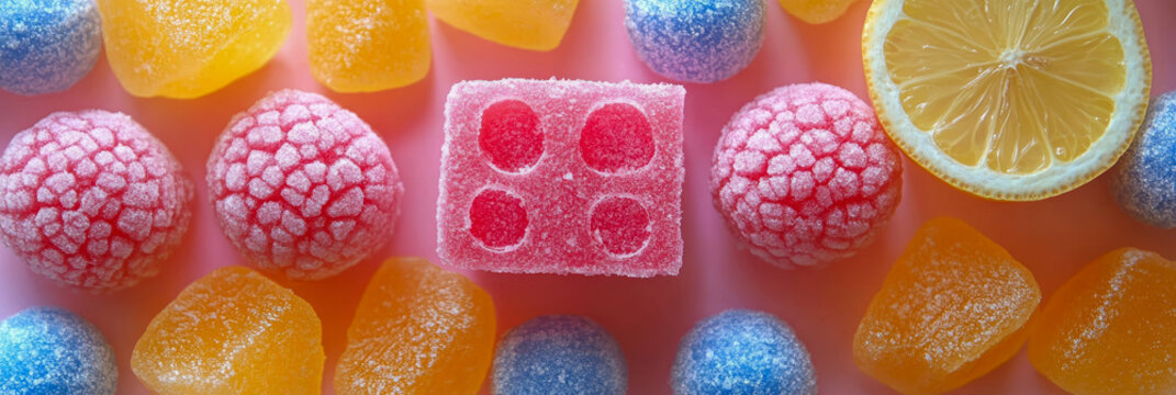 Assortment of brightly colored, sugar-dusted gummy candies, including raspberry shapes and square jelly, arranged with lemon slice on pink background