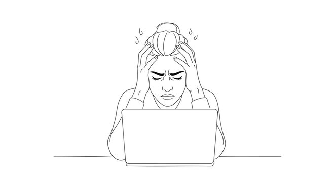 Frustrated woman with hands on head in front of laptop, stressed or overwhelmed, vector illustration for website, marketing, or presentation, isolated on transparent background, png