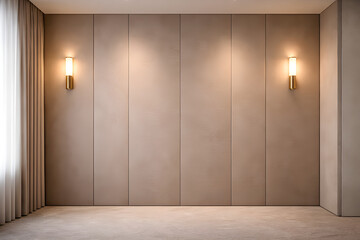 Elegant taupe paneled wall with brass sconces Zoom background