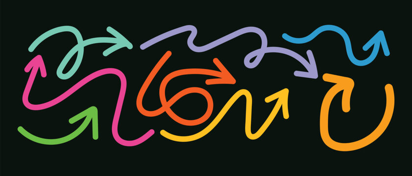 Hand drawn neon colored arrow collection on black background