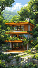 Naklejka premium Stunning biophilic modern house nestled in tropical jungle hillside, featuring natural stone foundations, expansive wooden balconies, and lush green roofs overlooking dense forest canopy.