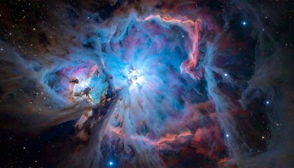 Fototapeta premium Vivid space nebula with brilliant blues and warm reds swirling around a central bright core