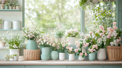 Fototapeta premium Enchanting display of delicate pink and white floral arrangements in various pastel-colored vases and baskets, set against softly blurred window with verdant greenery, creating light and airy springti