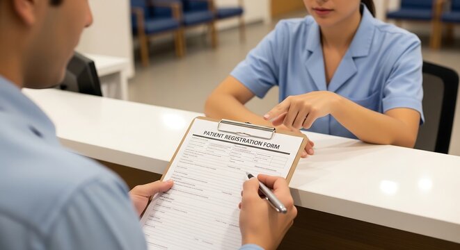 A patient fills out a registration form at a medical clinic reception desk with a nurse assisting.