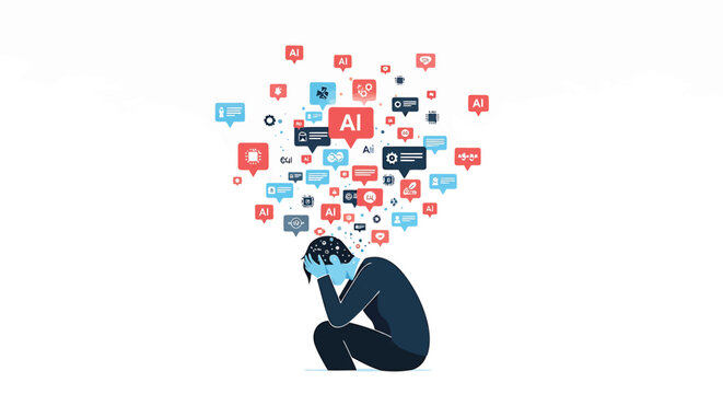 overwhelmed person with social media icons, vector illustration for website or presentation, for mental health or digital stress concept