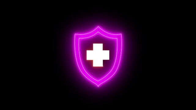 An animated neon shield with a medical cross icon. Represents health protection, medical safety, insurance, and digital healthcare concepts. Glowing neon health shield symbol animation video,4k video