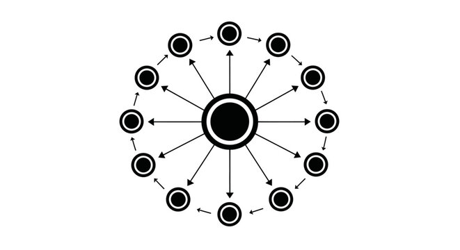 Radial Network Connection and Distribution Diagram, Isolated White Background