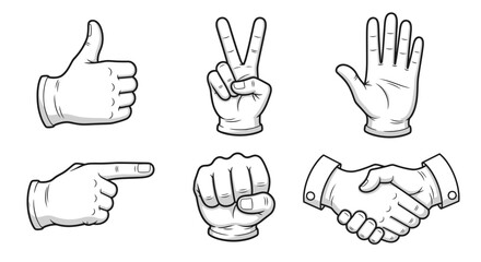 Fototapeta premium Diverse Hand Gestures Set Including Thumbs Up, Peace, and Handshake, Isolated White Background.
