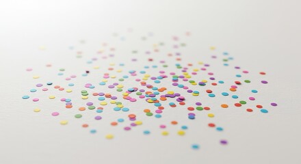 Bright, colorful dots of confetti scattered sparsely across a smooth white surface, showing isolated distribution and playful texture ,background ,tiny ,small