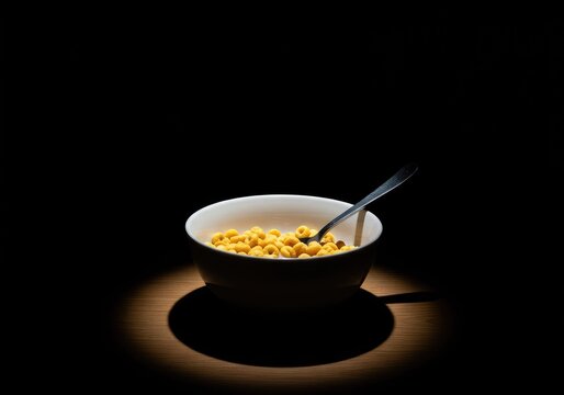 Bowl of comforting cereal or late night snack food enjoyed in the darkness of the kitchen illuminated only by subtle ambient light ,treat ,hunger ,indoor