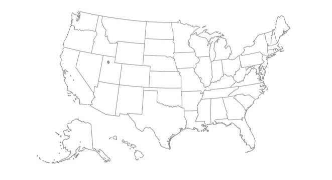 Silhouette map of the United States of America with state borders, geographical illustration isolated white background.