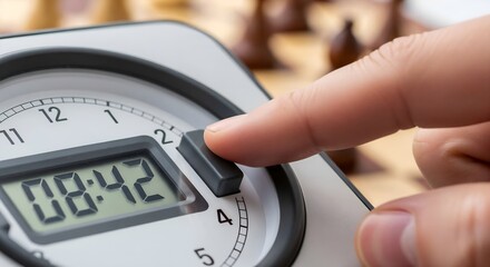 Finger pressing a digital stopwatch button during time measurement.

