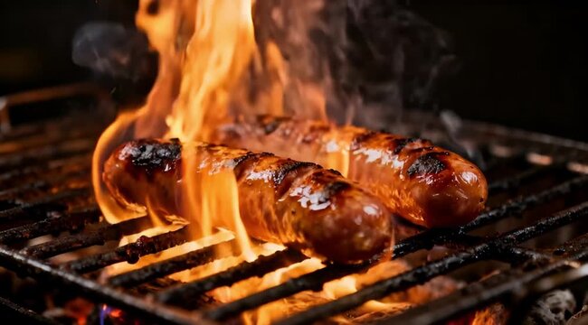 Grilled Sausages Sizzling on BBQ Grill with Fiery Flames