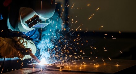 Welder working with bright sparks flying from metal.