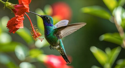 Hummingbird in flight beside vibrant orange flowers.