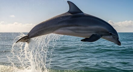 Dolphin leaping gracefully above ocean water.