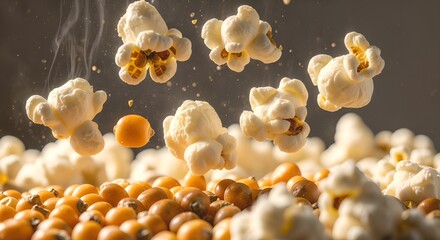 Popcorn kernels bursting into fluffy pieces.