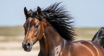 Horse running freely with mane flowing in the wind.