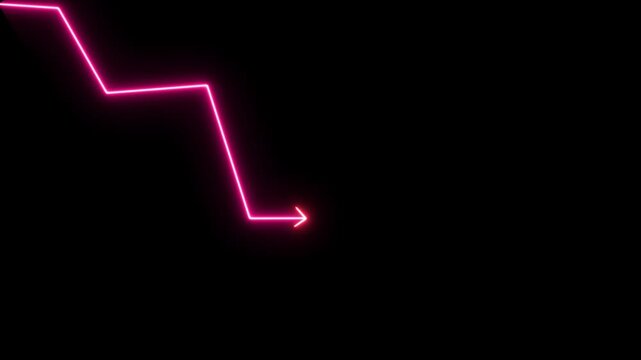 Neon Line Graph Arrow Downwards Against Black .Abstract neon line arrow down business graph, 4k video