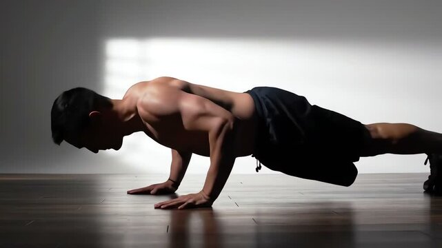 Fit man doing pushups on floor in dark setting, silhouette, exercising indoors, intense workout, strength training, athletic, determined attitude, serious.