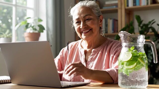 Senior woman smiling while typing on laptop at home