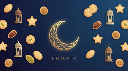 Eid Al-Fitr Celebration with Cookies and Lanterns Vector Illustration