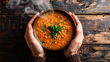 Hands holding a warm bowl of lentil stew with carrots and parsley garnish steaming on a rustic wooden table