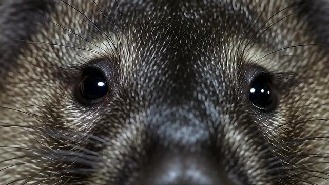 Intense close-up of a curious raccoon's dark, expressive eyes.