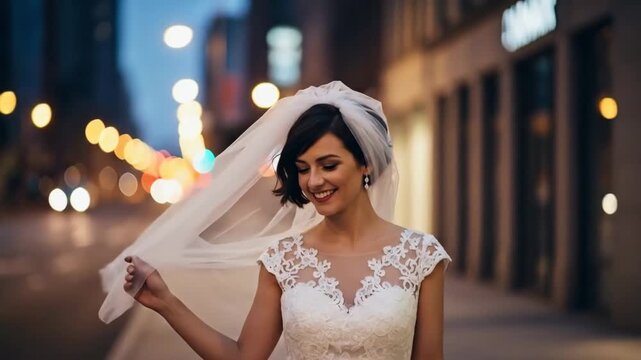 Bride in white wedding dress holding veil at night
