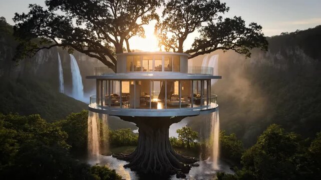 Futuristic treehouse design nestled in a nature setting with flowing waterfalls, a unique architecture building, modern design, luxurious home, and a dream lifestyle. Serene environment.