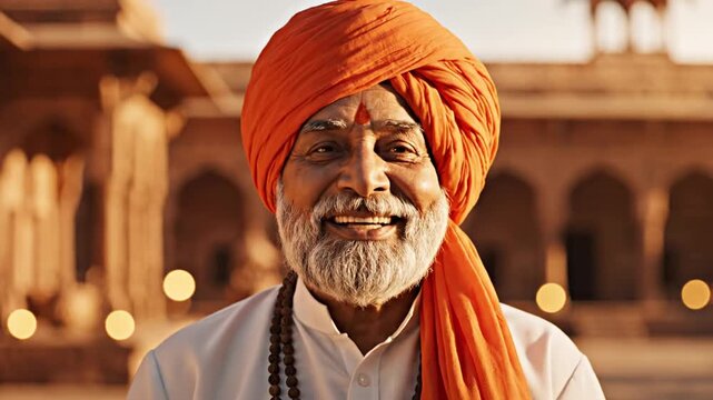 Smiling senior Indian man in traditional turban at Hindu temple