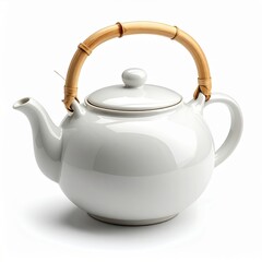 Elegant White Ceramic Teapot with Natural Bamboo Handle Isolated on a Clean White Background with Soft Studio Lighting