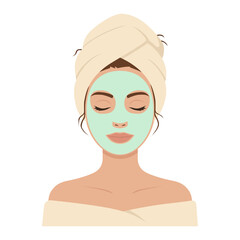 Woman with face mask and towel on head