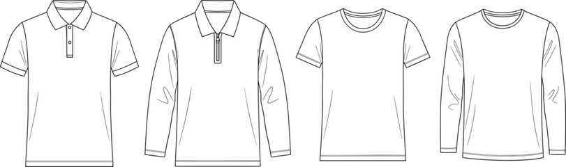 Black Line Art Illustration Set of Basic Men’s Apparel Featuring Classic Polo Shirt Quarter Zip Pullover Crewneck T-Shirt and Long Sleeve Top for Casual Fashion Design © MdJillur